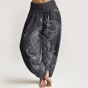 Buddha Stones peacock design women's elastic waist harem pants